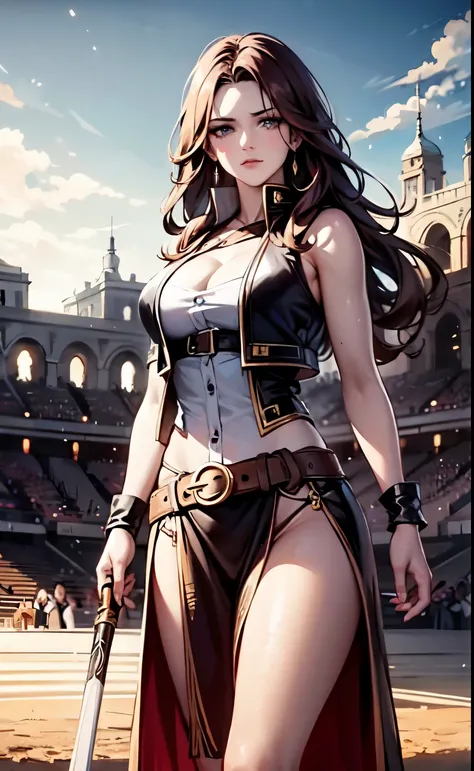 Ancient female gladiator, female gladiator, amphitheater, arena, gladius, large shield, tunic, long brown hair, leather belt, leather vest, cloth loincloth, masterpiece,