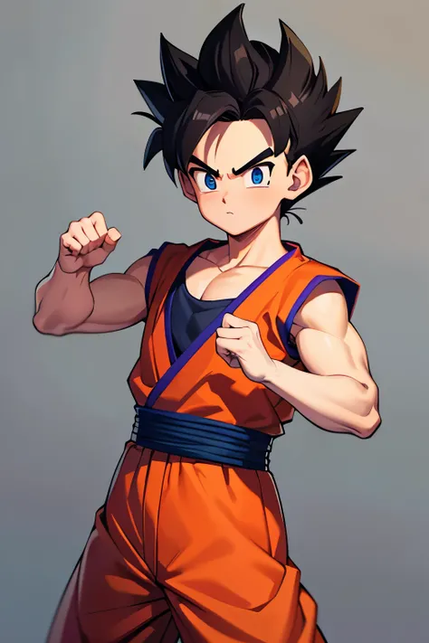 1 boy, wearing red martial arts gi, kid gohan hairstyle, dragon ball background, (tan skin), dark skin color)