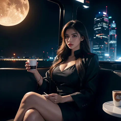 very beautiful Latina neon queen enjoying a cup of coffee while on a futuristic moon city --ar 128:71