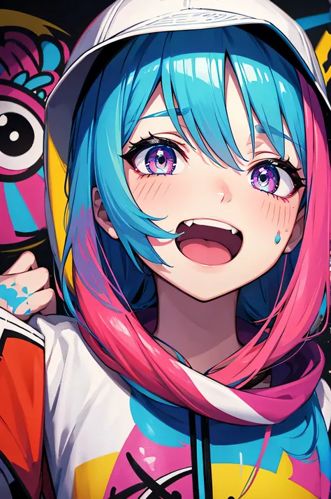 Graffiti Face, Colorful eyes, Open your mouth, Yandere Expression, smile, Looking at the audience, can&#39;I can&#39;I can&#39;I can&#39;I can&#39;t see my hands, pastel colour, thought, Get help、(Redhead)、short hair、Bob Hair、Clear Eyes、Expressionless、Angr...