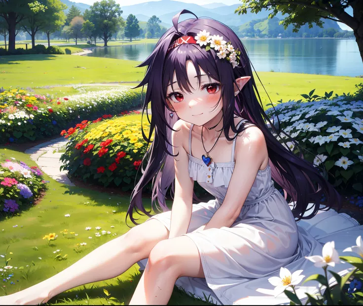 yuukikonno, Konno Yuuki, hair band, Long Hair, Pointed Ears, Purple Hair, (Red eyes:1.5), (Small breasts:1.2), Squint both eyes,blush,happy smile, smile, Close your mouth,White sleeveless dress,Bare arms,Heart Pendant,Long skirt,Barefoot flower crown,whole...