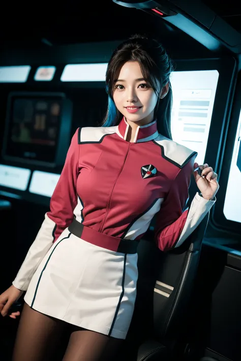 Tabletop, highest quality, 8k、(Golden ratio face、Balanced Eyes、Very gentle eyelids)、double eyelid、Innocent face、Young Face、Beautiful nose、Embarrassed laugh、Lip gloss 、Very beautiful girl、Beautiful girl solo like a model、 Wearing Starfleet uniforms, Starfle...