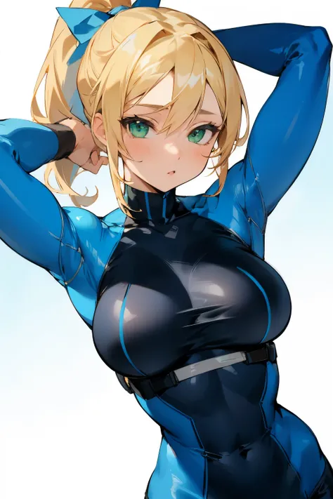 Girl, Beautiful, Blonde hair tied in a ponytail, green eyes, Tight blue clothes, Big breasts 