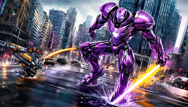 A highly detailed, hyper-realistic, alien violet gradient liquid metal robot, extremely intricate robotic features, glowing purple eyes, sharp metallic claws, wields powerful energy weapons, epic battle with Marvels Iron Man, dramatic action scene, downtow...