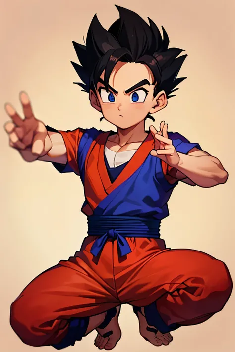 1 boy, wearing red martial arts gi, kid gohan hairstyle, dragon ball background, (tan skin), dark skin color)