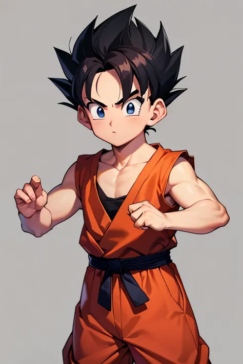 1 boy, wearing red martial arts gi, kid gohan hairstyle, dragon ball background, (tan skin), dark skin color)