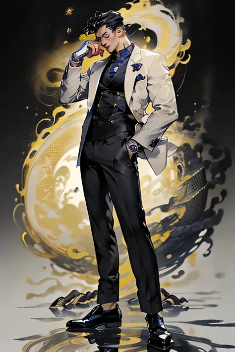 Japanese and Korean semi-thick coating style，Front view，Young handsome man，Standing，Standing，Character temperament is bold，Facial expressions are playful and charming，Yellowish-white skin，Black suit，Suit pants，leather shoes，Black leather gloves，Pulling glo...