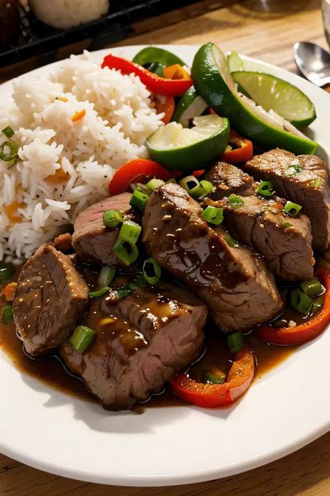 Sautéed beef with peppers and onion plus rice