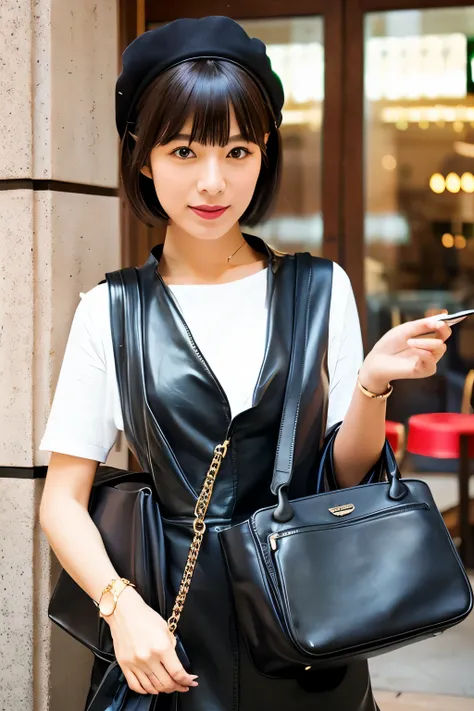 A cool and fashionable Japanese woman in her 30s、Holding a black leather bag in a fashionable cafe