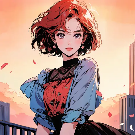 whole body、Kind Face、1 pretty woman、4k、Black blouse、skirt、Rooftop、skyscraper、Large space、Sunset、Complex background、Detailed Hair、smile、pale red hair、Faint lighting、Petals are dancing、short hair length