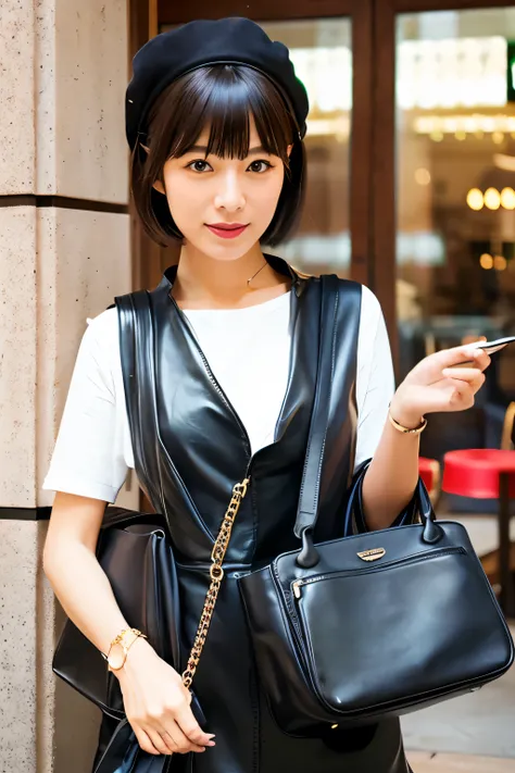 A cool and fashionable Japanese woman in her 30s、Holding a black leather bag in a fashionable cafe