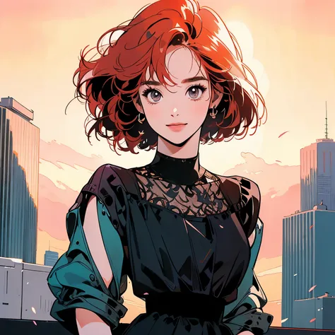 whole body、Kind Face、1 pretty woman、4k、Black blouse、skirt、Rooftop、skyscraper、Large space、Sunset、Complex background、Detailed Hair、smile、pale red hair、Faint lighting、short hair length