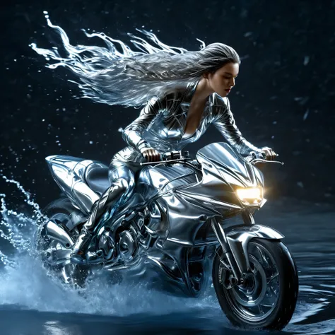 a woman in a shiny silver outfit riding a motorcycle through water, hair flowing, water splashing, (best quality,4k,8k,highres,m...