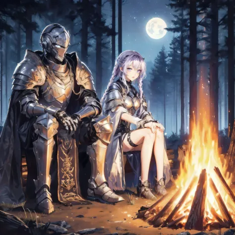 a medieval knight in full metal armor with runes, sitting next to a bonfire and watching it. on the opposite side of the bonfire...