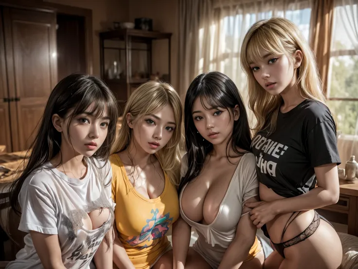 8k, Hi-res, HQ, masterpiece, photorealistic, A low angle, close up, portrait of  (four young girls:1.8), ( blackpink likeness:1.2)), (leaning down with cross-legged, hug up), (wearing colorful t-shirt:1.4), at the bed, surrounded by cozy atmosphere), (over...