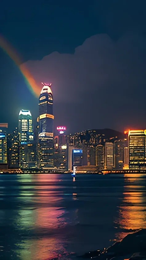 a city skyline at night with lights on and buildings lit up, city like hong kong, hong kong, in hong kong, kowloon, hong kong buildings,   there is a rainbow in the sky over a beach with rocks and pebbles, seashore, magical beach, sunny rainbow galaxy stor...