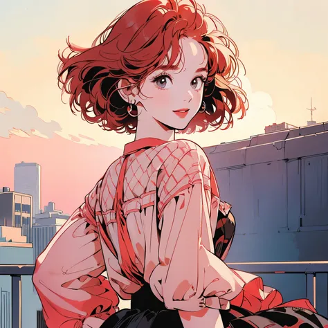 whole body、Kind Face、1 pretty woman、4k、Patterned blouse、skirt、Rooftop、skyscraper、Large space、Sunset、Complex background、Detailed Hair、smile、pale red hair、Faint lighting、short hair length