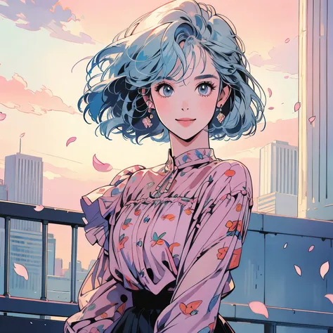 whole body、Kind Face、1 pretty woman、4k、Patterned blouse、skirt、Rooftop、skyscraper、Large space、Sunset、Complex background、Detailed Hair、smile、Light blue hair、Faint lighting、short hair length、Petals are flying