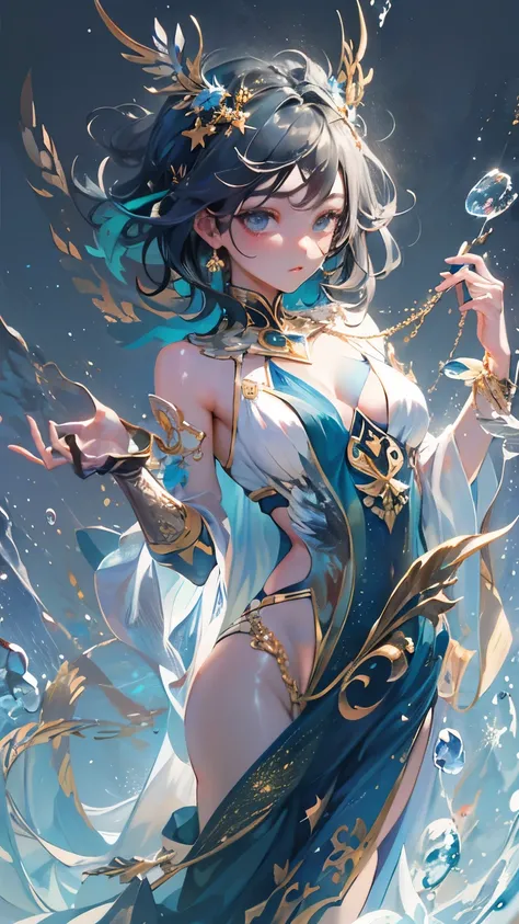 (masterpiece, highest quality),  Very detailed, ((Dark Mercury Oceanから生まれ出る光り輝く女性、whole body、My feet are immersed in a sea of mercury))、Small breasts, Expose your shoulders, short hair, (オパールの輝きのfeather), metal ornaments, Rainbow colored water droplets, (M...