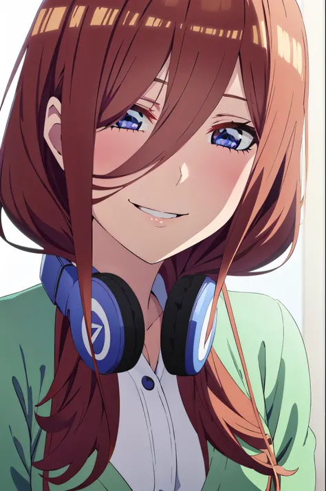 solo, 1girl, looking at viewer, 2D, anime, anime coloring, upper body, (solid white background:1.3), miku nakano, cardigan, headphones around neck, looking at viewer, smile ,up close to face