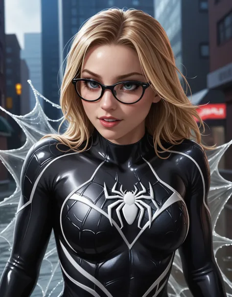 very aesthetic,close-up,((1man, venom)),1girl, ((spider-gwen)),pretty,skinny,,round glasses, stripped, torn spider suit,holding ...