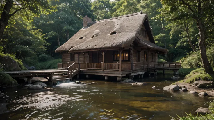 Develop a high-fidelity 8K render of a wooden house with a thatched roof, realistically situated in a forest environment near a flowing stream, with detailed flora like flowers and fauna like birds.