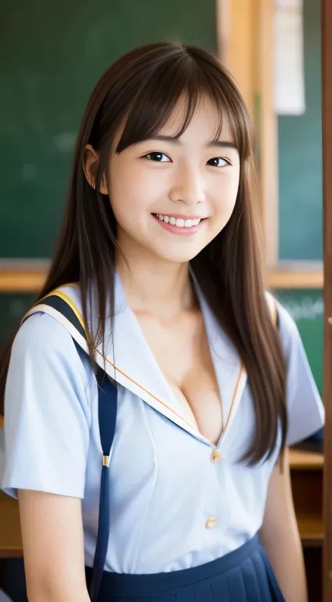 Japanese schoolgirl),((Beautiful girl)),cleavage,((schoolroom)),the expression imagining what feels good:1.2,(perfect body beauty:1.2),((perfect body)),(shy smile),beautiful teeth,