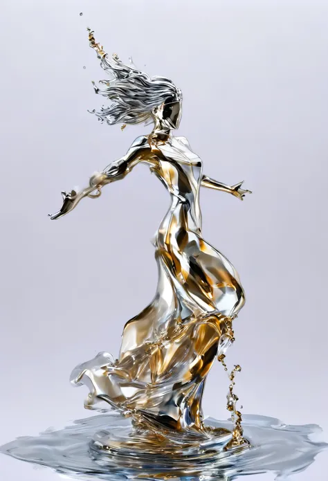 Liquid Metal Sculpture, Liquid Metal Art, Liquid Metal Model, (Masterpiece, Best Quality: 1.2), Silver, Elsa, Full Body, Dynamic Action, Blank Background, Spellcasting, Splashing Liquid Metal, Blurred Foreground