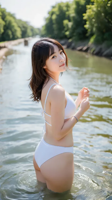 Woman playing in the river、The figure is chubby、Modest swimsuit