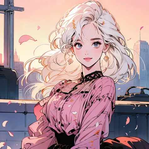 whole body、Kind Face、1 pretty woman、4k、Patterned blouse、skirt、Rooftop、skyscraper、Large space、Sunset、Complex background、Detailed Hair、smile、pale white hair、Faint lighting、Petals are flying