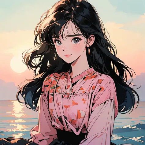 Upper Body、1 female、4k、Patterned blouse、skirt、Seaside、Sunset、Complex background、Detailed Hair、Black Hair、Faint lighting、Tears flowing、smile、Small breasts