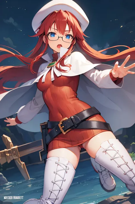 summonnightaty, aty, (young:1.3),long hair, blue eyes, red hair, large_beret, hat, glasses,
BREAK long hair, thighhighs, hat, dress, boots, glasses, belt, cape, sweater, zettai ryouiki, beret, thigh boots, white footwear, ribbed sweater, loose belt,solo,
B...