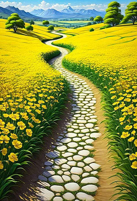 a field of yellow flowers, a path winding through the flowers, landscape art, natural scenery, pathway to paradise, floral landscape, 3d virtual landscape painting, digital art painting, oil painting landscape, scenic oil painting, smooth oil painting, fan...