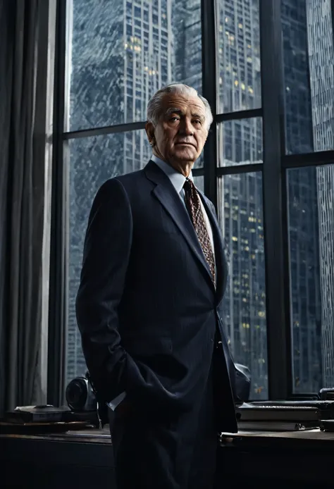 masterpiece, detailed background, (photo of old businessman:1.1), dark light, medium body shot, skyscrapers background, window background, capitalism vibe