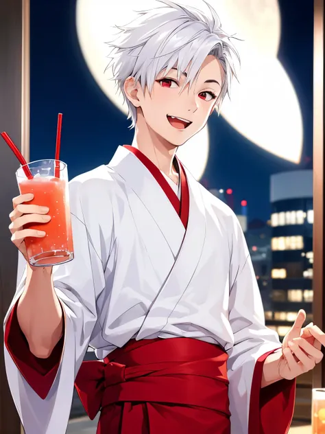 1boy,Standing,cool style,smile,side parted hair,18 years old, at night, open mouth,wearing white kimono, Holding a red drink,guy, at night,close up photo,handsome,side parted hair,short hair, straight hair, white hair, vampire, ultra detailed, ultra HD