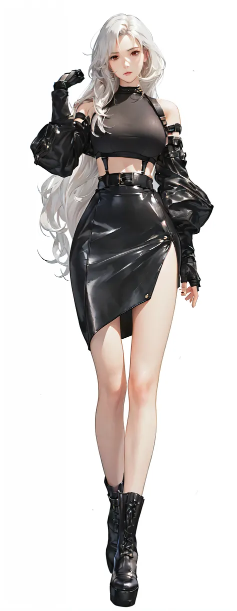 Close-up of a person in a skirt and boots, tifa lockhart ((White big wavy hair)), from Girls' Frontline, Anime girl in black dress, 2 b, 2b, fine details. Girls' Frontline, anime Full body illustration, Girls' Frontline style, Persona 5 art sty...