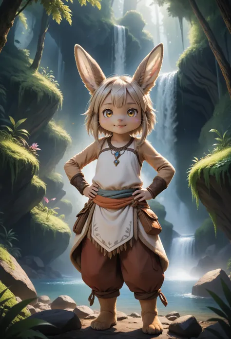 made in abyss, solo (nanachi:1.25), fluffy, (loincloth:1.3), claws, pose, flat chested, happy, v sign, hand on hips, half-length...