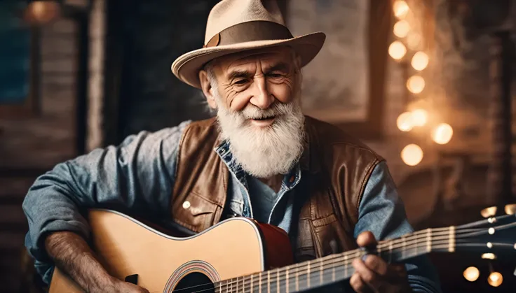 arafed man with a beard and hat playing a guitar, beautiful man, man playing guitar, old man, musician, 3d render senior artist,...