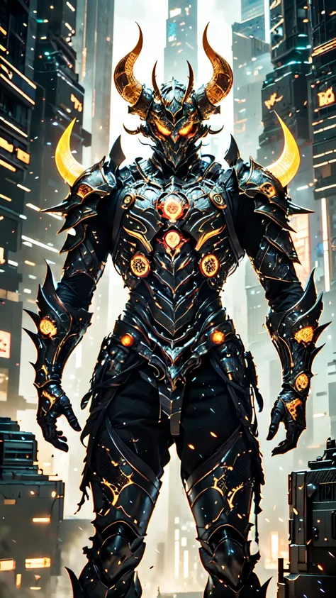 A man wearing a full-face helmet, a fantasy-style biotech armored combat suit, green eyes, (a composite layered chest armor), fully enclosed shoulder guards, matching arm and leg guards, the belt is adorned with 666 mark, (the color scheme is primarily red...