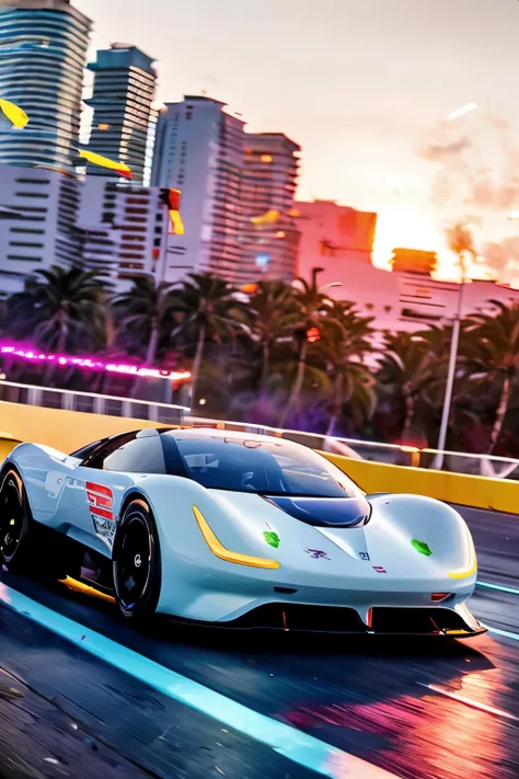 bright sunny day beautiful cloudy sky sunset super race car racing down cyberpunk Miami city streets neon signs and crowds confetti debris dust wind volumetric fog exciting epic action camera, concept car, electric hypercar car, highly detailed, (masterpie...