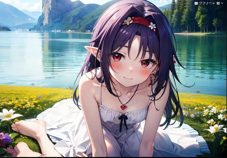 yuukikonno, Konno Yuuki, hair band, Long Hair, Pointed Ears, Purple Hair, (Red eyes:1.5), (Small breasts:1.2), Squint both eyes,blush,happy smile, smile, Close your mouth,White sleeveless dress,Bare arms,Heart Pendant,Long skirt,Barefoot flower crown,whole...