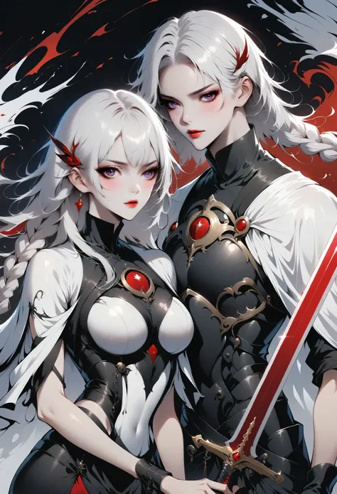 a beautiful girl with long white hair, holding a red longsword, wearing a high-collar short-sleeve top and a slit skirt, minimalistic lineart, abstract, twin braids, behind her a mysterious hooded figure