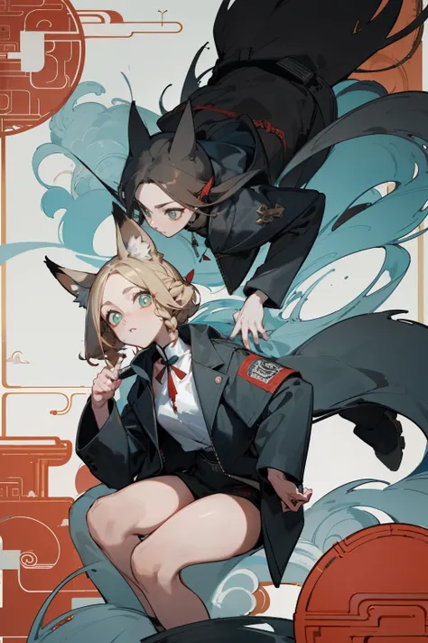 (masterpiece, best quality) detailed, Wearing black long coat, Cyan accessories , The zipper is not closed , Brunette ,Intellectual, (Fox ears)，Red Eyeshadow, ，whole body，Chinese element pattern，thigh，漏出thigh，White shirt，designer touch。