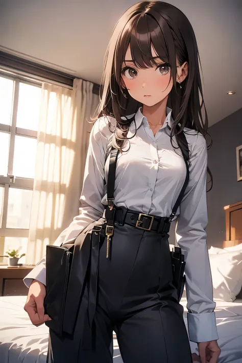 Brown Hair、Staring at the audience　　　Black suspenders　　　bulging big breasts　　 　 　　　wall: 　Black pantsuit　　　　　　sight　　　Small face　 　　　holster　　　Beautiful woman　　Show your hand　　 Lying in bed　　sight 　　Taunt　side　side汗 　arm　Dress shirt　Black Suit　belt