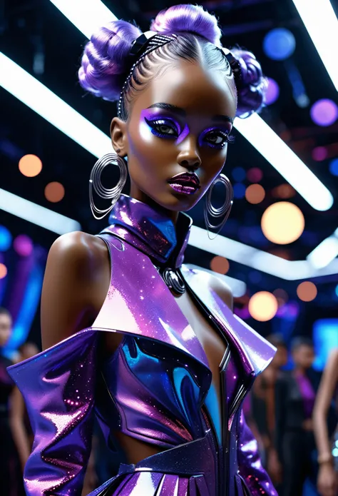 (best quality,4k,8k,highres,masterpiece:1.2),ultra-detailed,(realistic,photorealistic,photo-realistic:1.37),African model,automatic wooden puppet,walking the catwalk,intergalactic exhibition,fashionista aesthetics,dark purple,lilac,illustration,futuristic,...