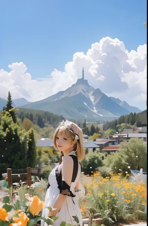 1girl,(background: garden),looking at viewer,photorealistic,realistic,solo,outdoor:2,flowers,blue sky and white clouds,mountains...