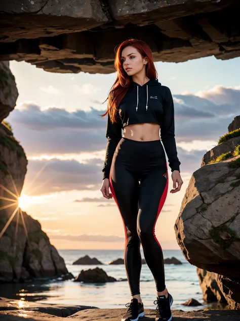 raw photo, charming fitness model, red hair, long hair, black hoodie, neckline, black leggings, standing, looking at  viewer, lo...