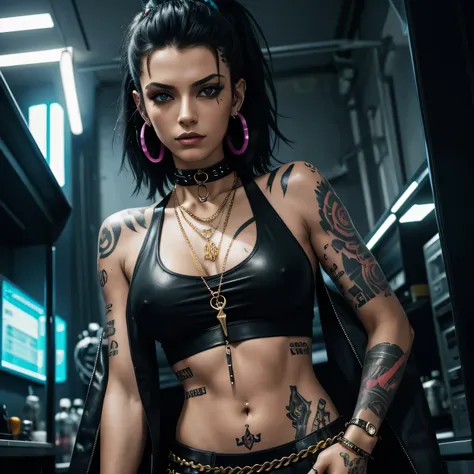 Cyberpunk style, neon colors in sceneary, araffe tattooed woman with a black top and a chain around her neck, She is wearing a black tank top, sieht aus wie Fabiula Natal, malika favre, wears an elaborate black collar, escote muy grande, , sudor, nipples, ...