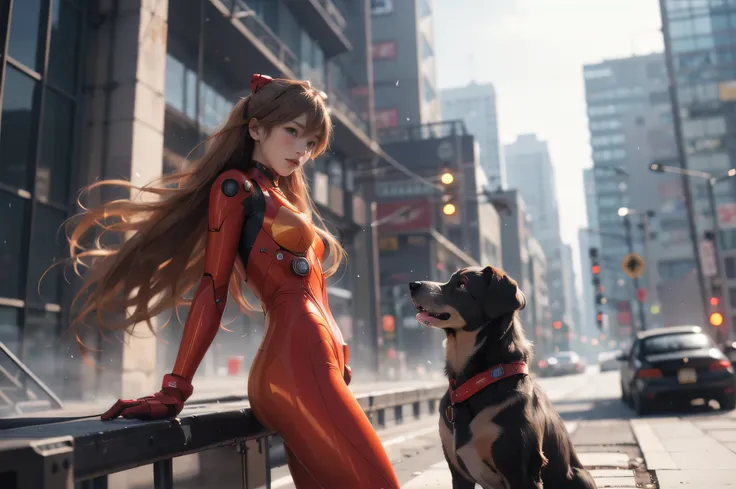 girl, machine dog, tank, cyber punk, double exposure, city settings, headset, overlooking, asuka langley soryu