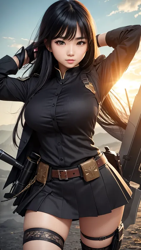 Detailed face、highlight、Asian Girl、thigh、breast enhancement、Black Hair、Heavy bangs、Combat Uniform、skirt、